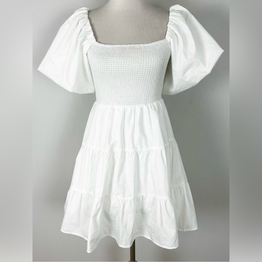 Entro White Tiered Smocked Dress‎ Puff Sleeve Summer Size Medium Women's